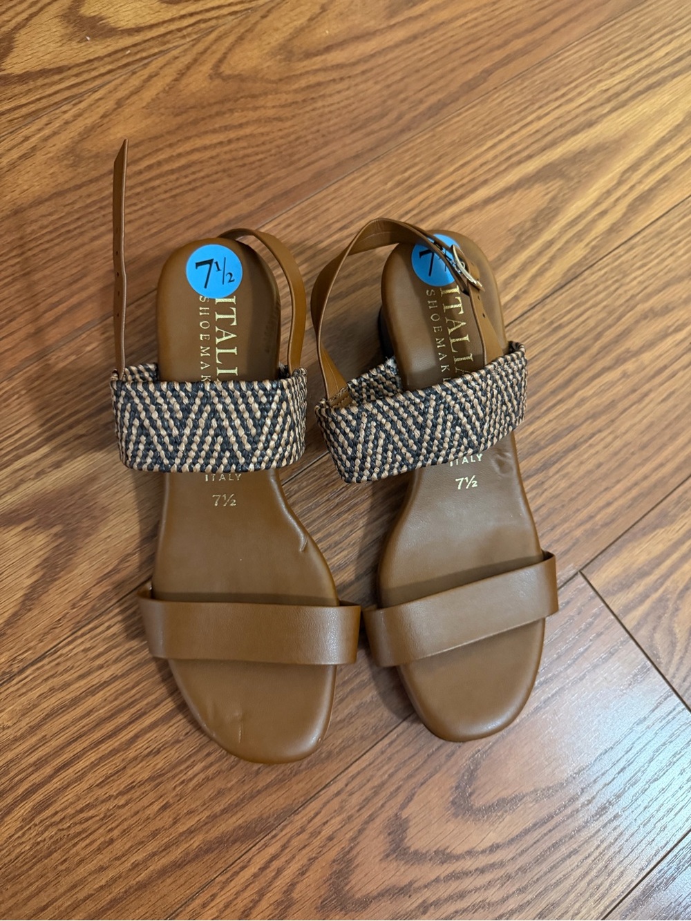 Italian Shoemakers Brown Leather Sandals with Navy & Cream Woven Strap